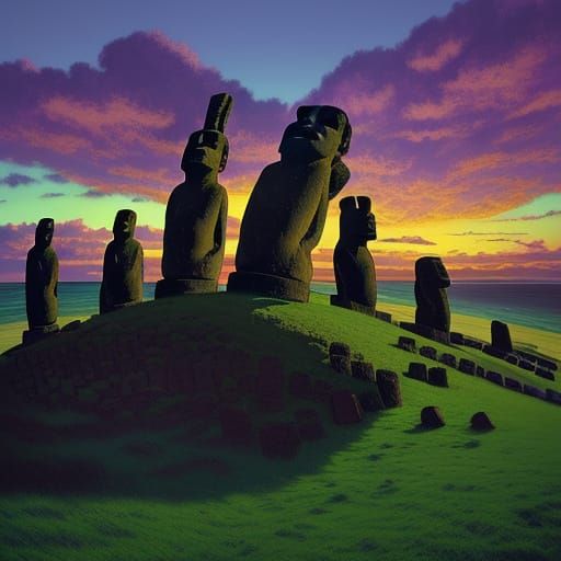 Surreal Easter Island with Giant Bunny Statues at Sunset