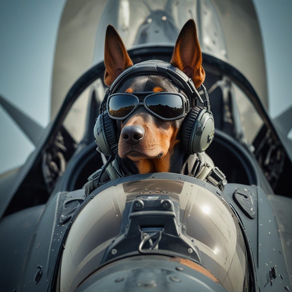 Anthropomorphic Doberman Pilot Prepares for Flight