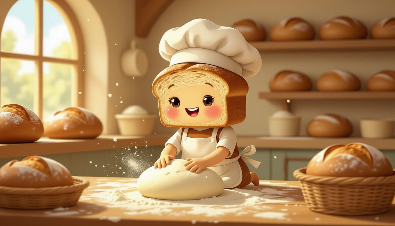 Joyful Baker Bread Loaf Character in Rustic Bakery