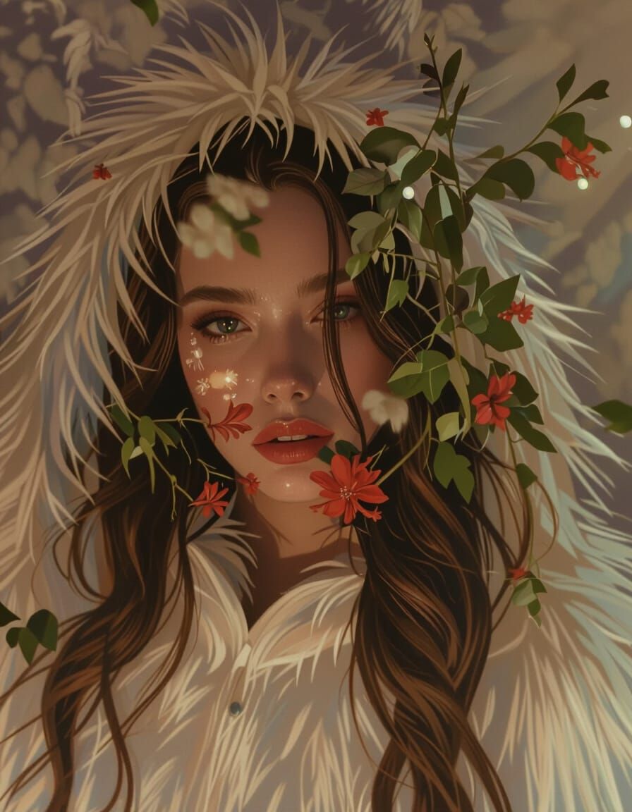 Surreal Moonlight Portrait: Woman in Husky Costume with Floa...