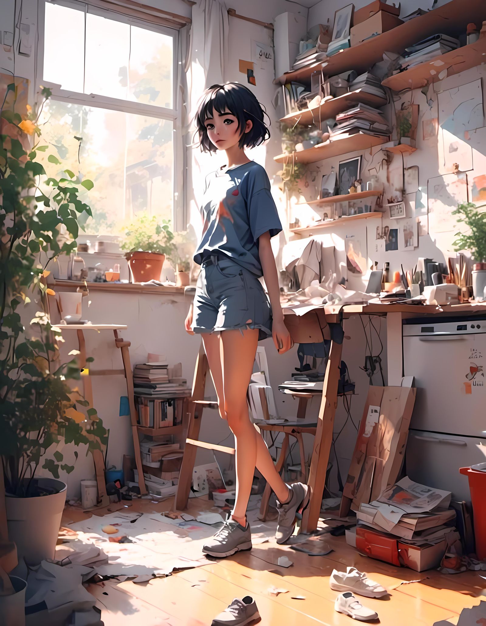 Cute Anime Girl in Apartment, 2.5D Style
