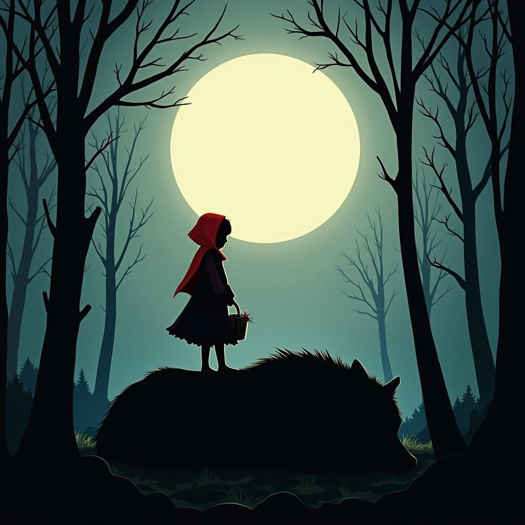 Girl in Red Hood Triumphs Over a Fallen Wolf Under a Bright ...