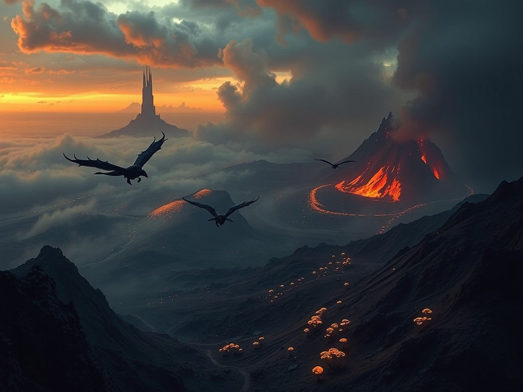 Mordor Skyline Aerial View in Cinematic Style