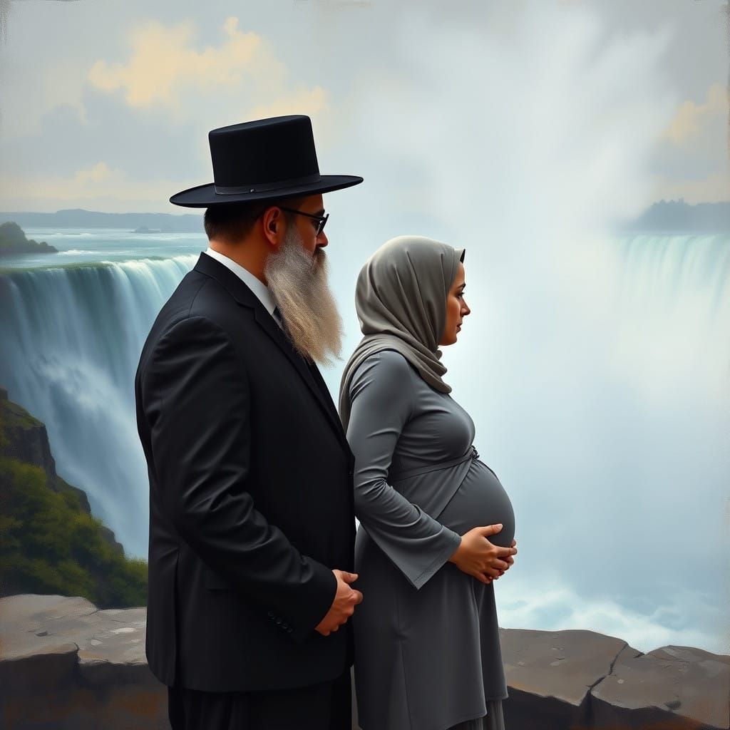 Orthodox Jewish Couple Stares Out at Niagara Falls