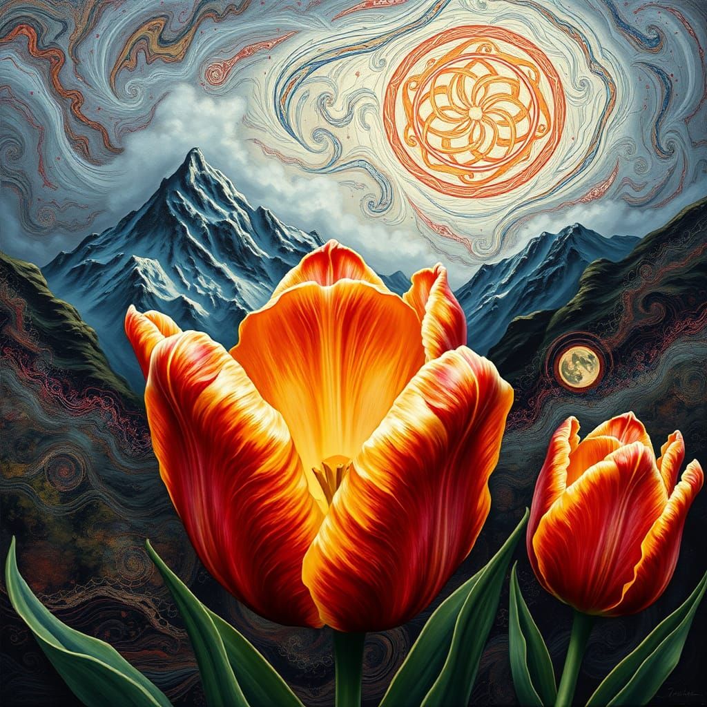 Hyperrealistic Tulip with Impasto Textures and Celtic Motifs