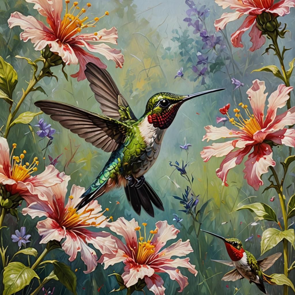 Hummingbird and Flower in Oil Painting Style