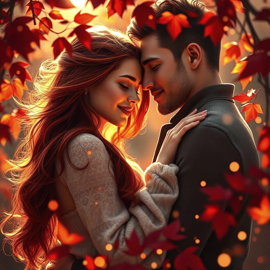 A romantic couple embraces joyfully against a swirling golden backdrop, surrounded by falling leaves. Their expressions ...