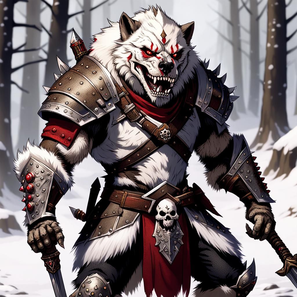 White-Fur Gnoll Warrior in Skull Armor