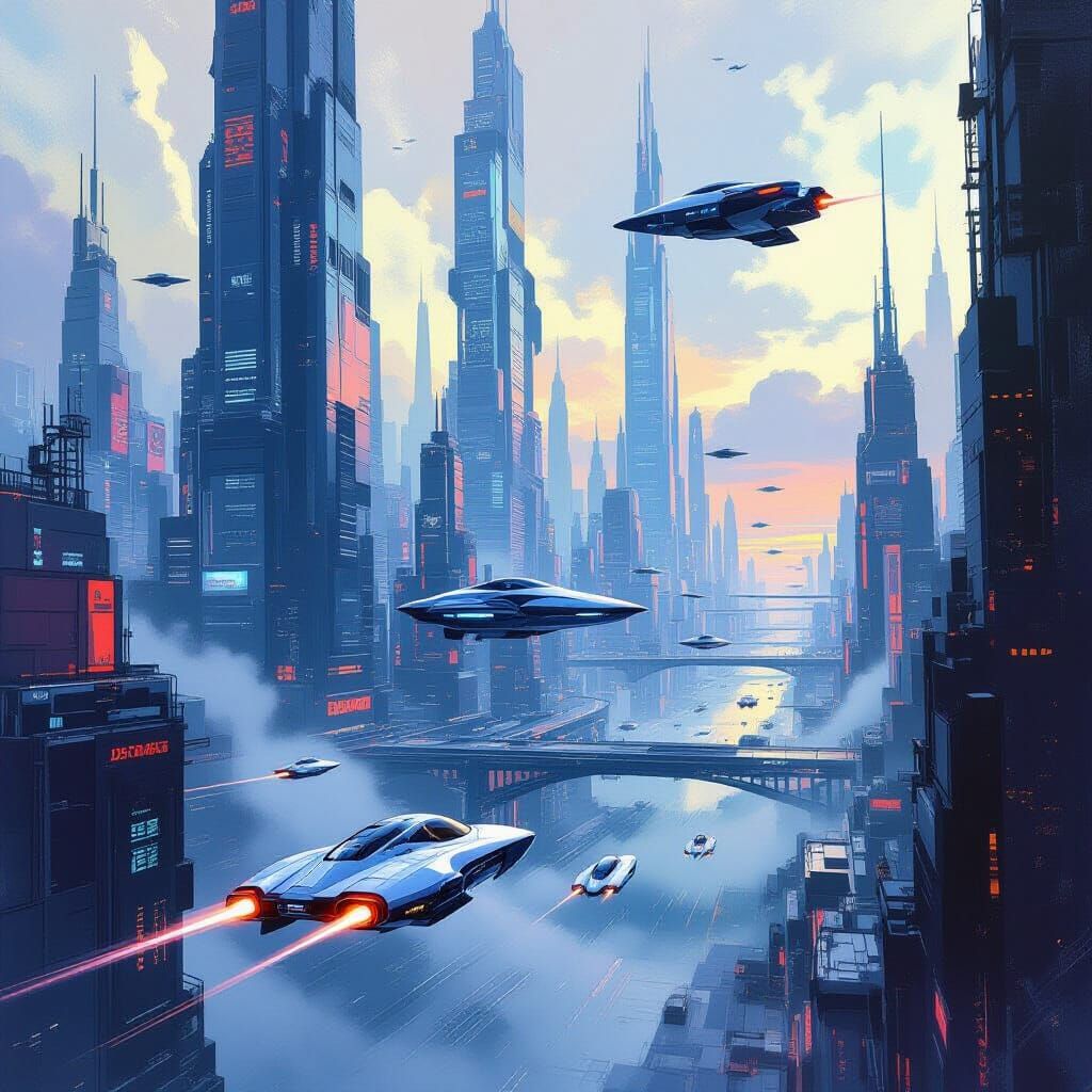 Futuristic Cityscape in Vibrant Digital Painting Style