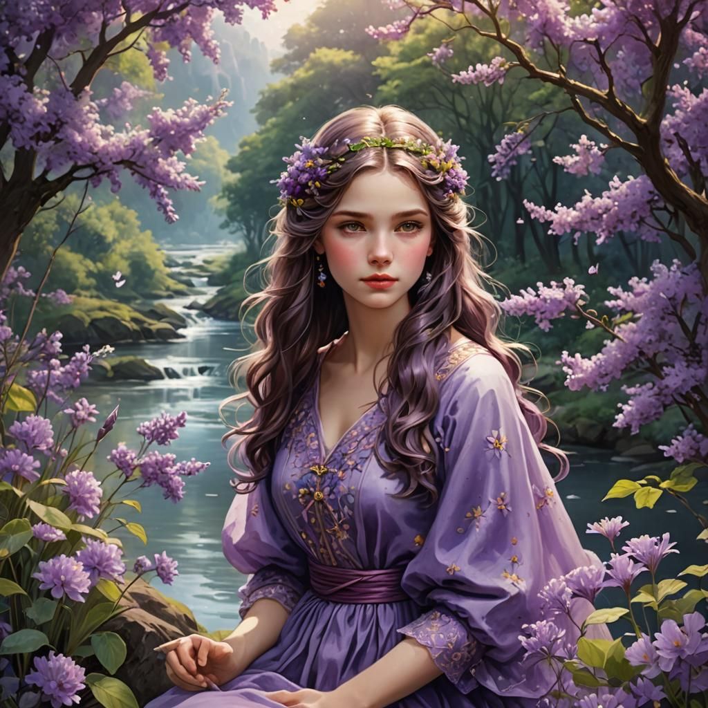 Fairy Child with Purple Hair in Fantasy Landscape