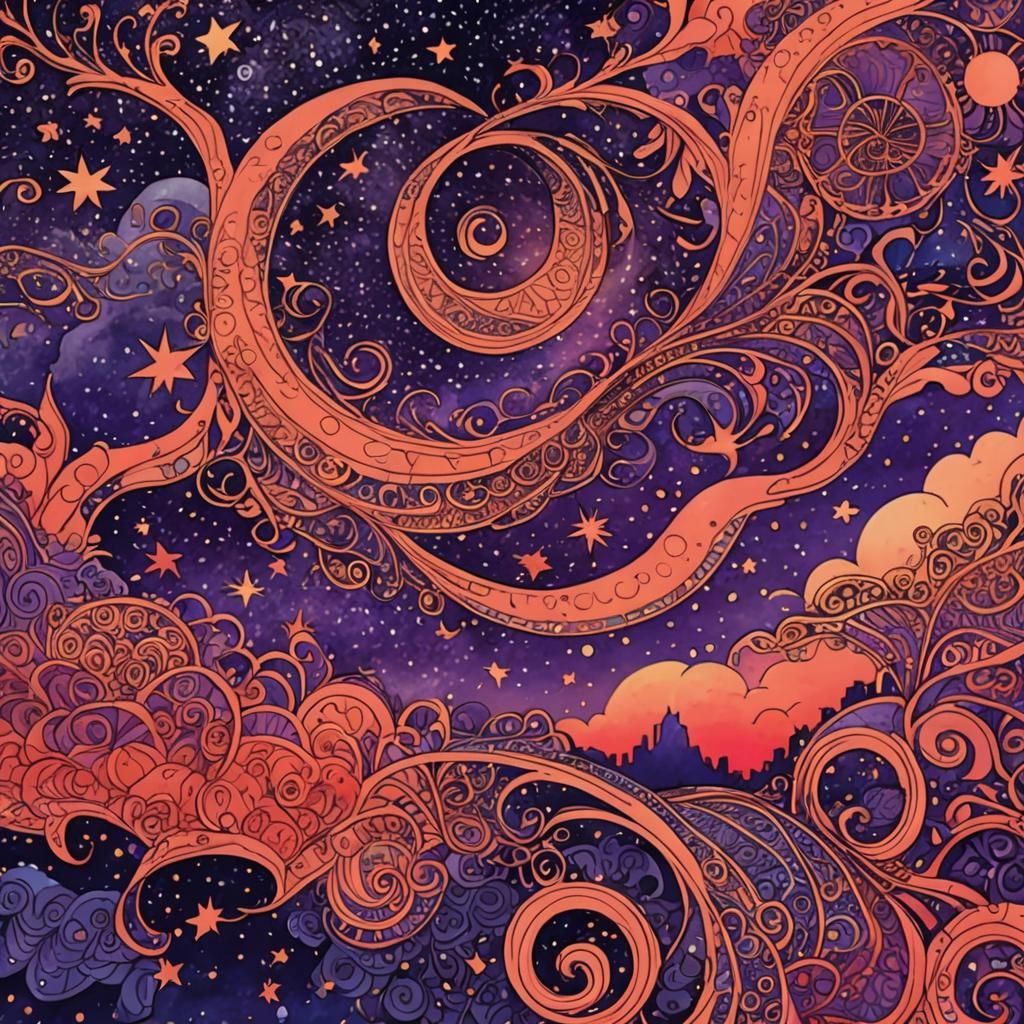 Neon Sunset with Stars and Zentangle Swirls