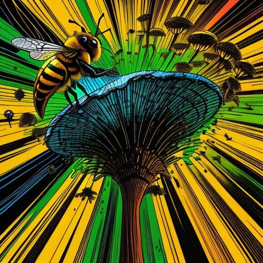 Bee on Mushroom in Vibrant Comic Book Art