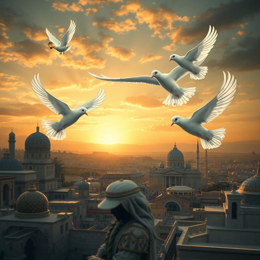 Sacred Peaceful Doves Soar Above Damascus in M.C. Escher Ins...