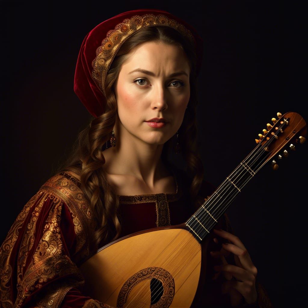 Medieval Lute Player Portrait in Velvet and Brocade