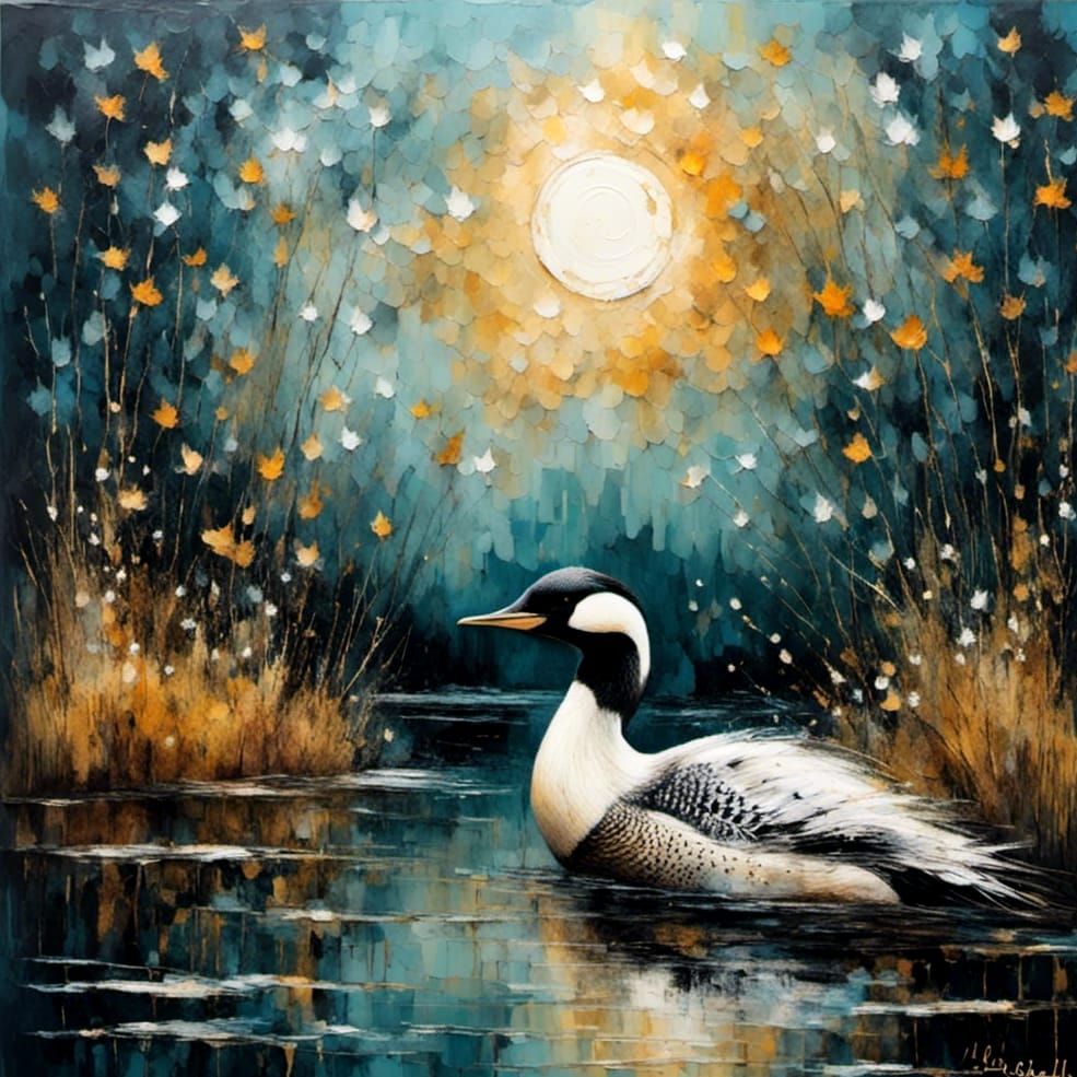 Loon on Foggy Pond: Impasto Oil Painting