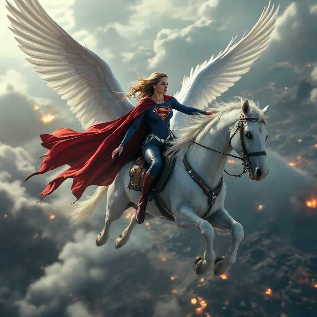 Supergirl Rides Pegasus in War-Torn Skies, Cinematic Film St...
