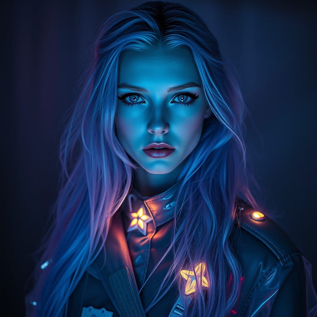 Ethereal Scandinavian Warrior in Neon-Lit Chiaroscuro