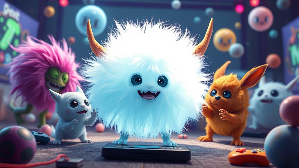 Ultra fluff puff ball creatures playing video games. vivid dynamic playful fun