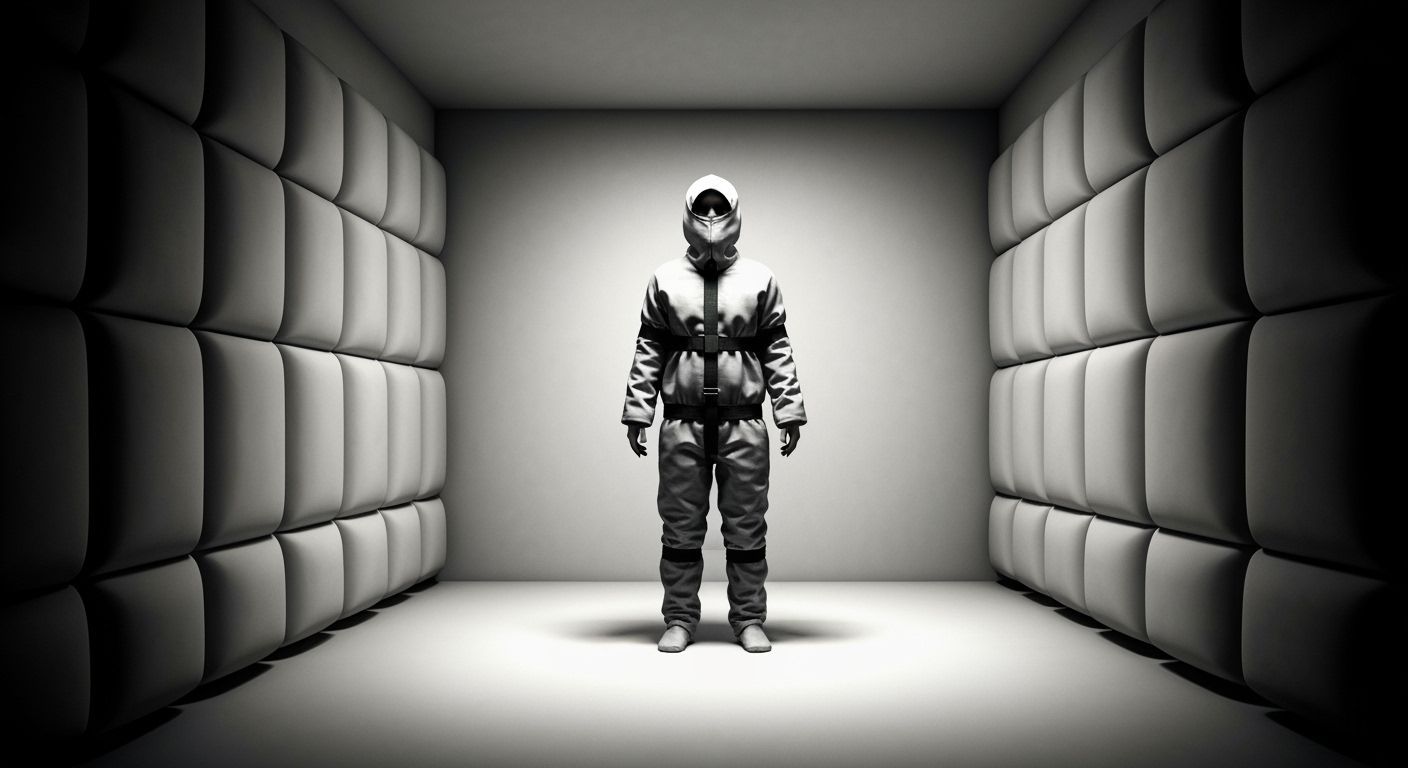 Isolated Figure in Stark White Room, Surrealist Style