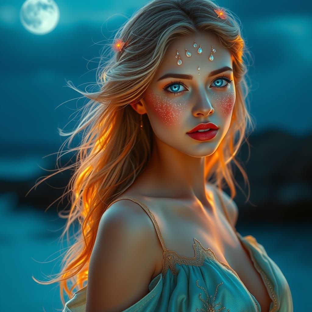 Dreamy Ocean Goddess with Shimmering Hair and Luminous Eyes
