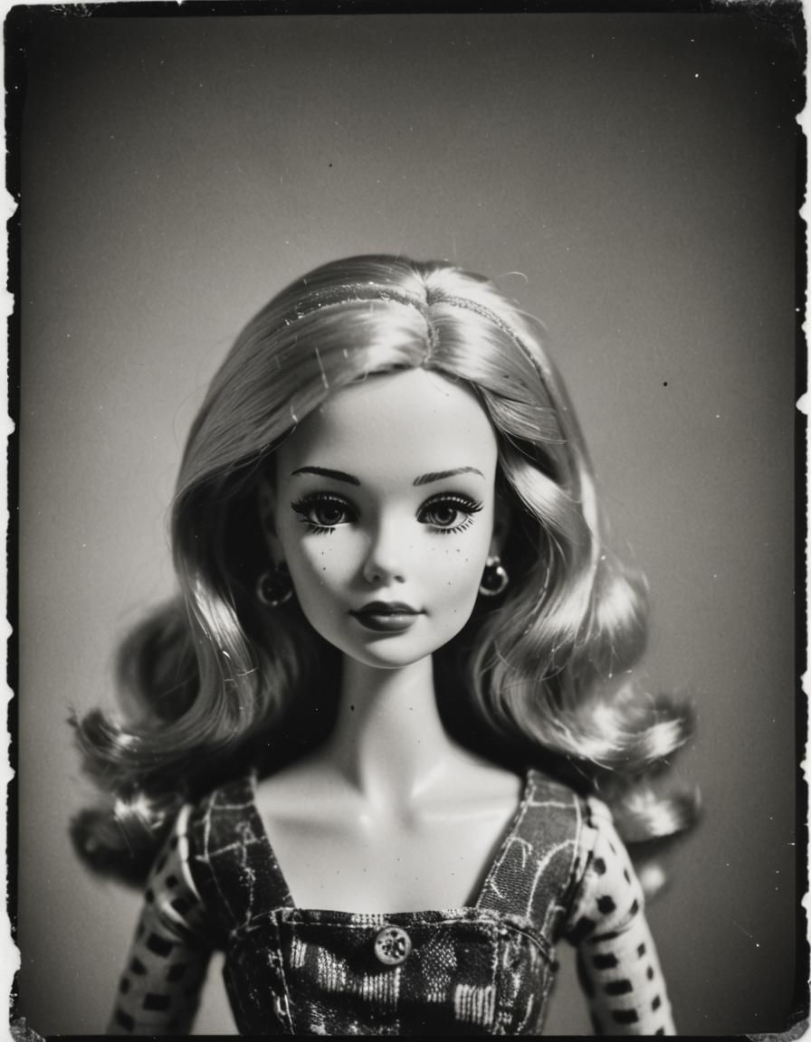 Monochrome Barbie Portrait in Polaroid Style