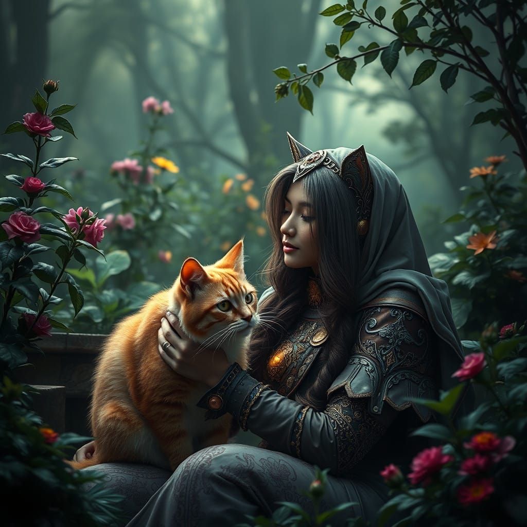 Epic Cinematic Cat Woman in a Vibrant Garden Scene