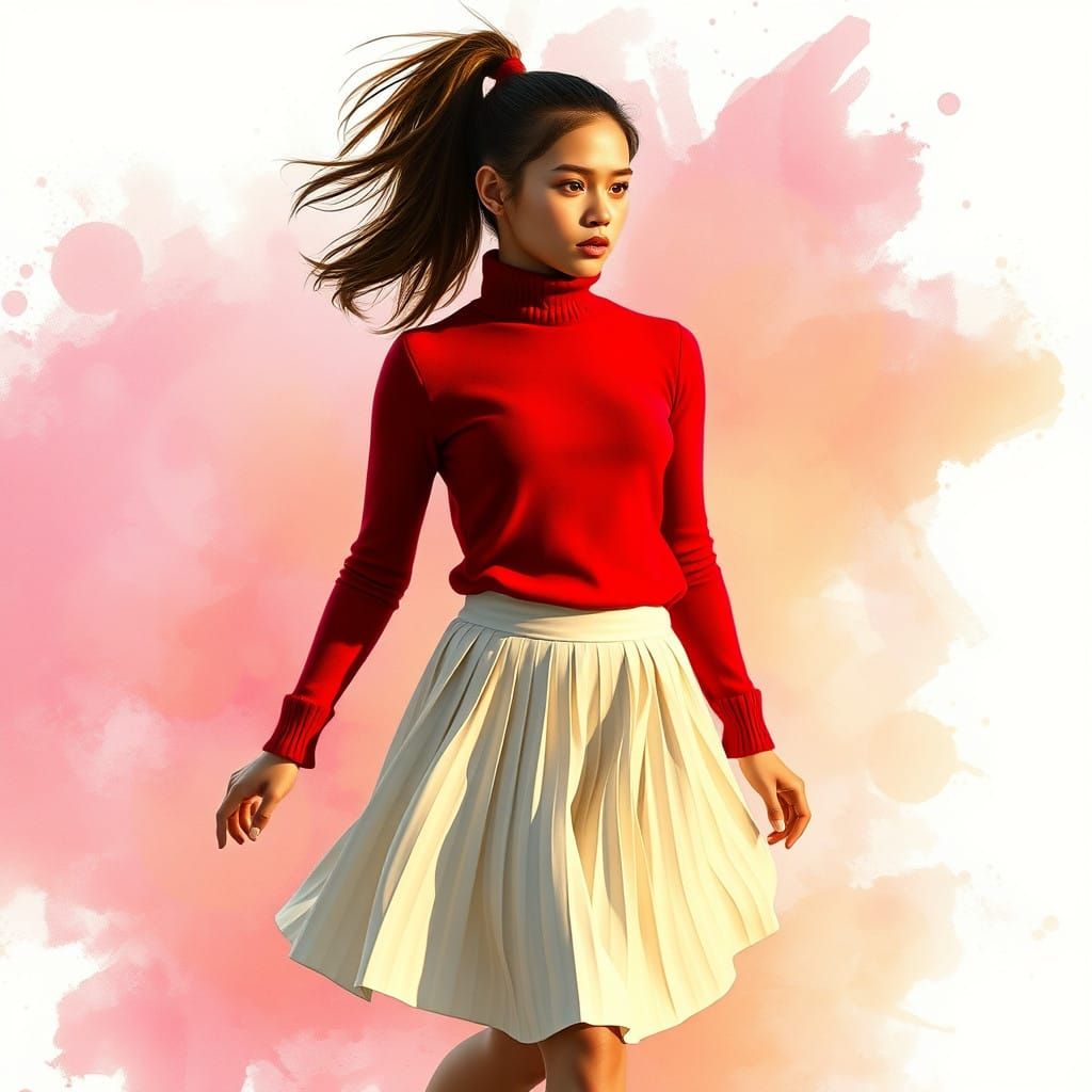 Woman in Vibrant Red Sweater Glides Across a Whimsical Backg...