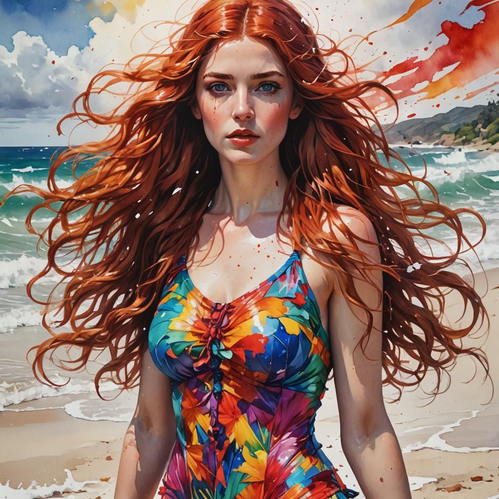 Red Haired Beauty on Beach in Splash Paint Style