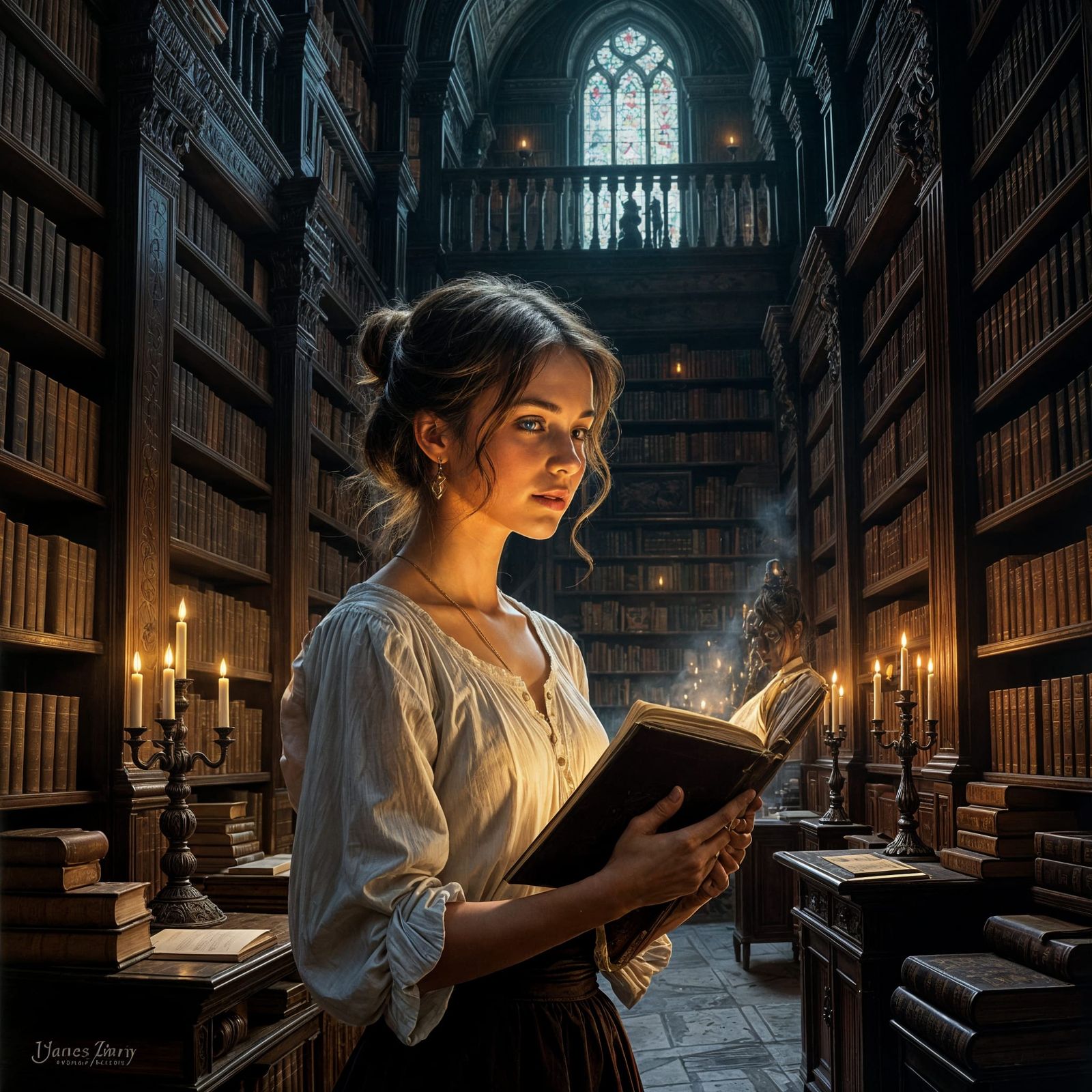 Woman in Ancient Library, Oil Painting Style