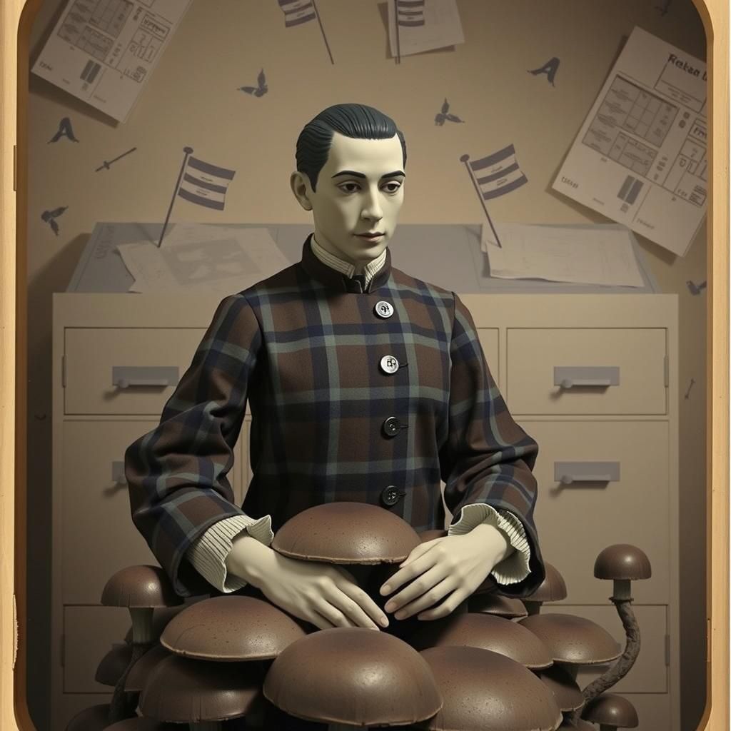 Dystopian Bureaucrats Count Mushrooms: Linocut Style