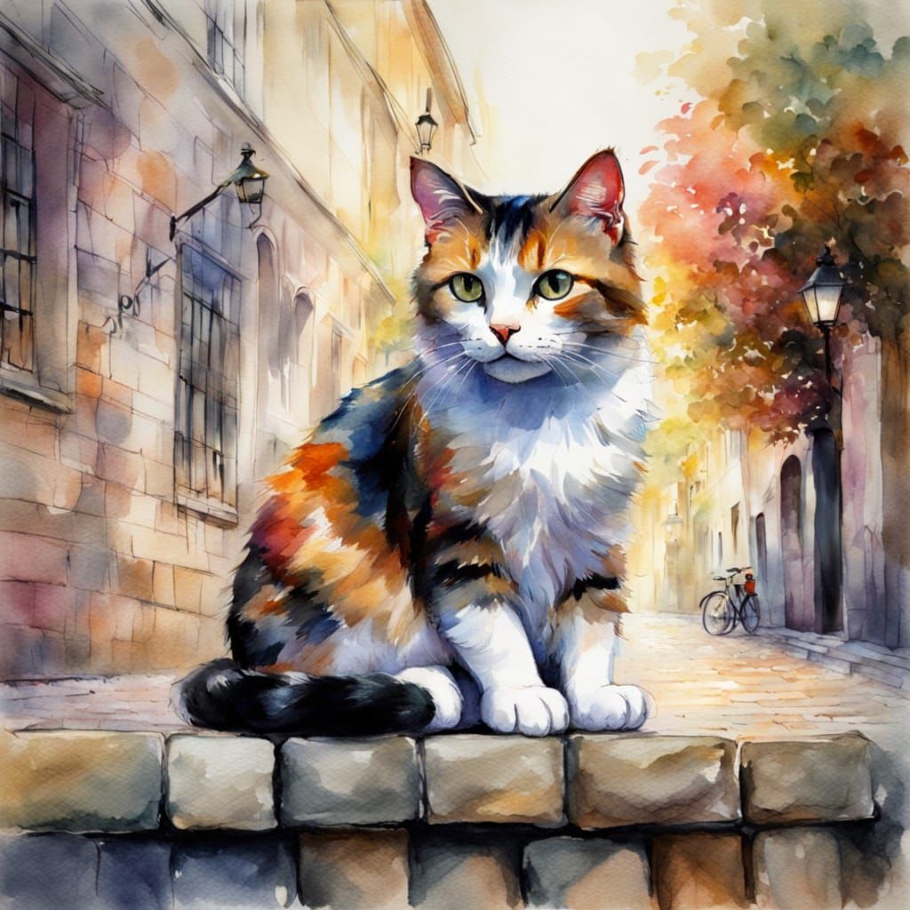 Calico Cat on Cobblestone Street in Watercolor Style