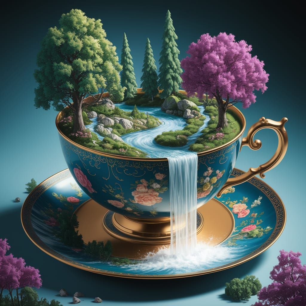 Fantasy Forest Teacup Waterfall Landscape