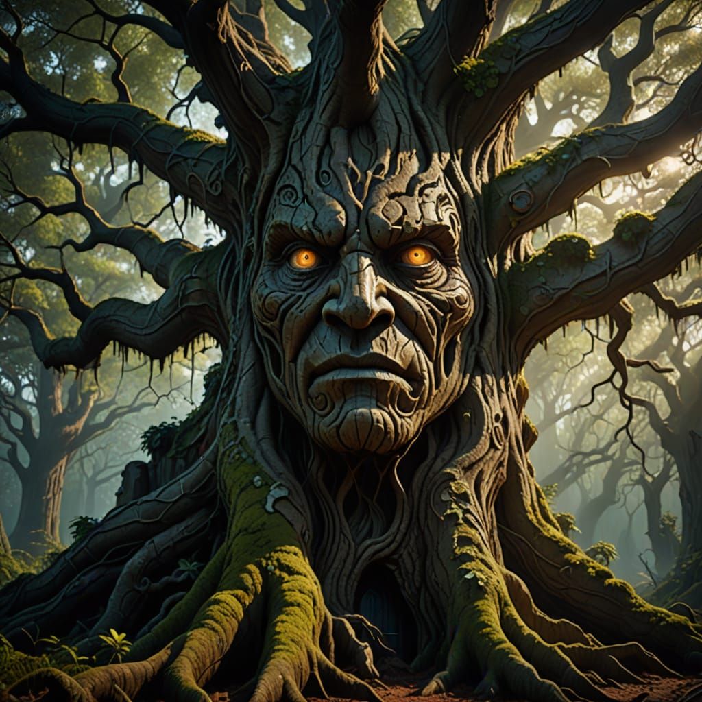 Haunting Forest Tree With Human Face in Surreal Digital Pain...