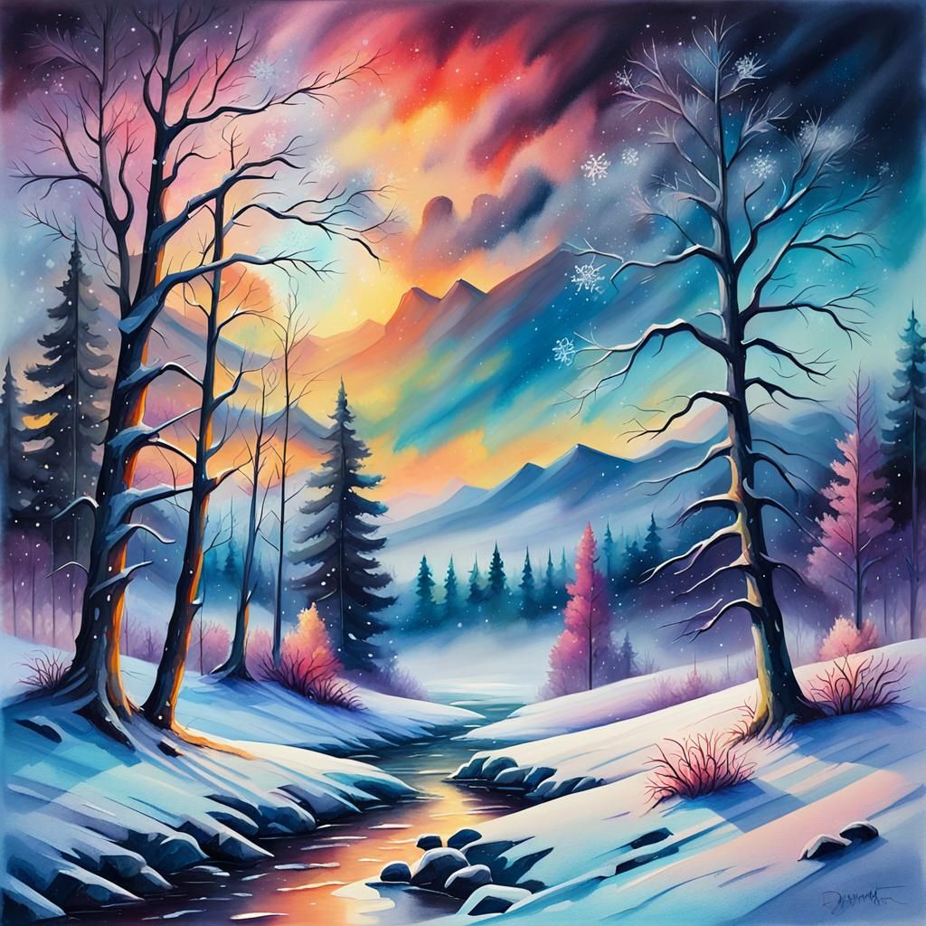 Winter Landscape Scenery with Synthwave Colors