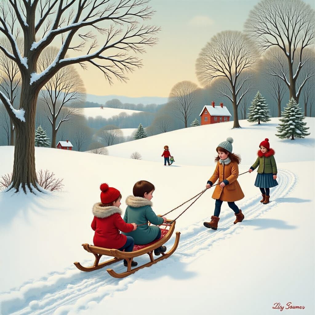 Charming Winter Scene with Figures Enjoying Snow