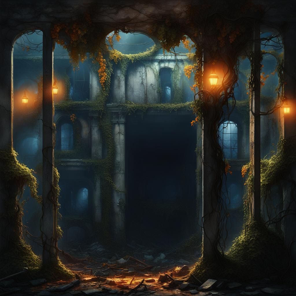 Post-Apocalyptic Building Overgrown, Art Nouveau Style