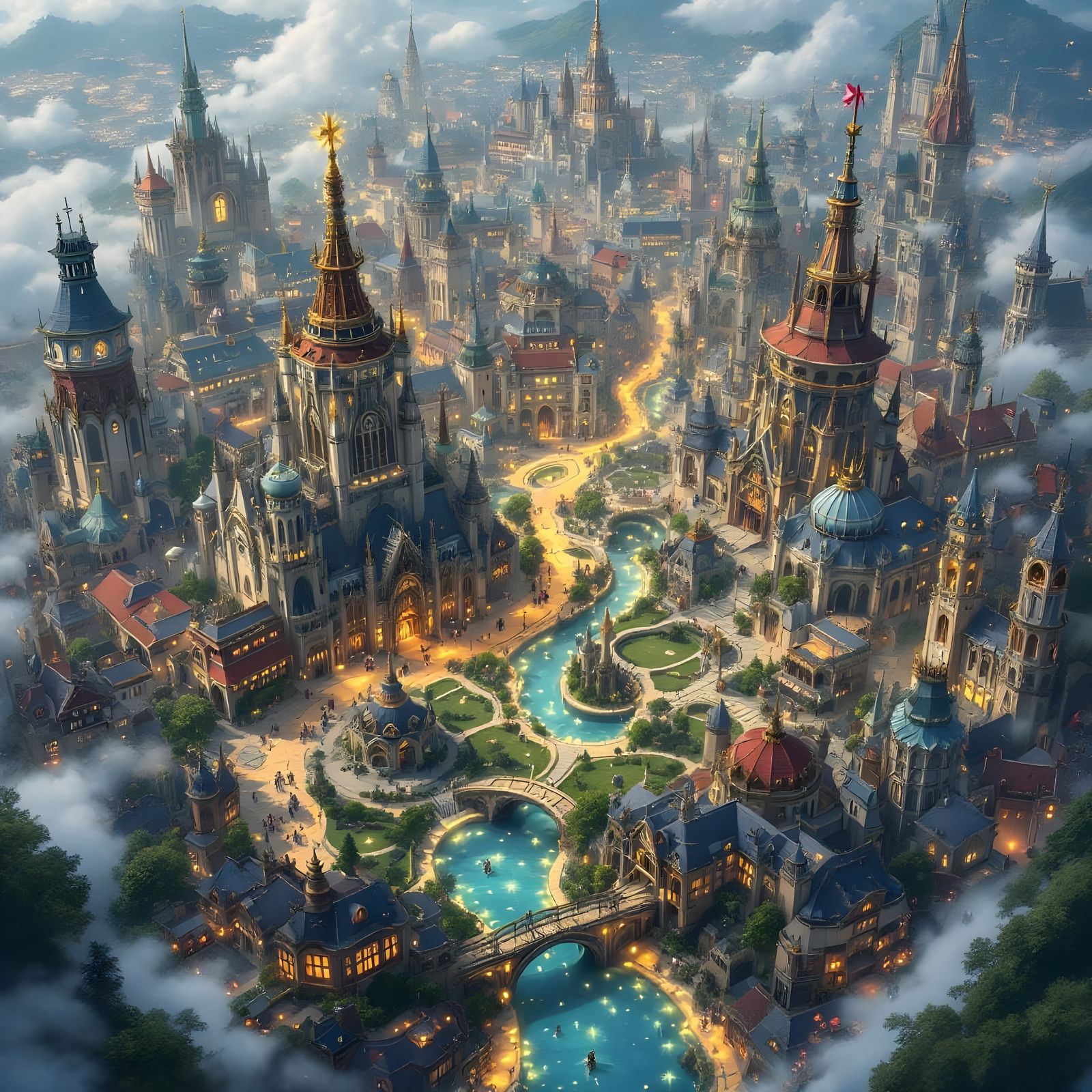 Glowing Fantasy Cityscape in Ghibli Style