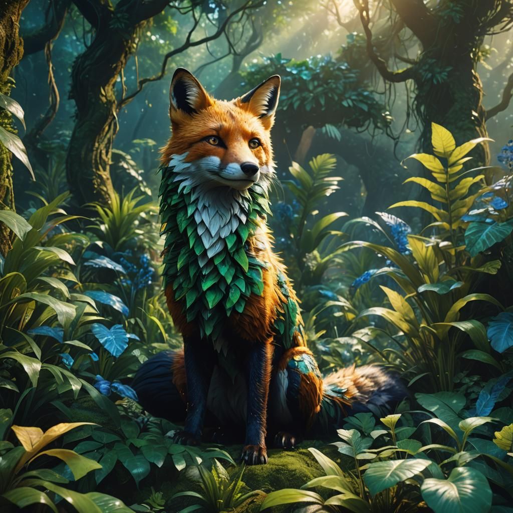 Mythic Jungle Fox in Art Nouveau Style