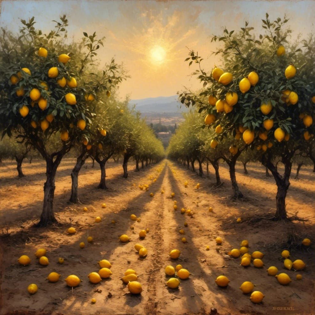 Dramatic Lemon Orchard in Oil Chalk Painting Style