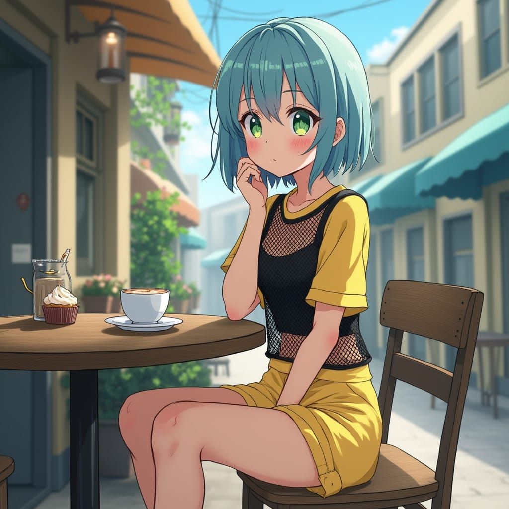 Anime Girl at Cafe in Ghibli Style