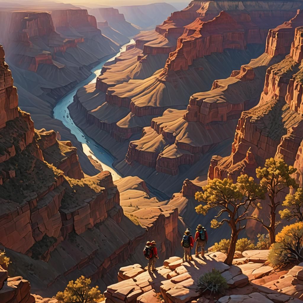 Grand Canyon Hikers in Vibrant Oil Painting Style