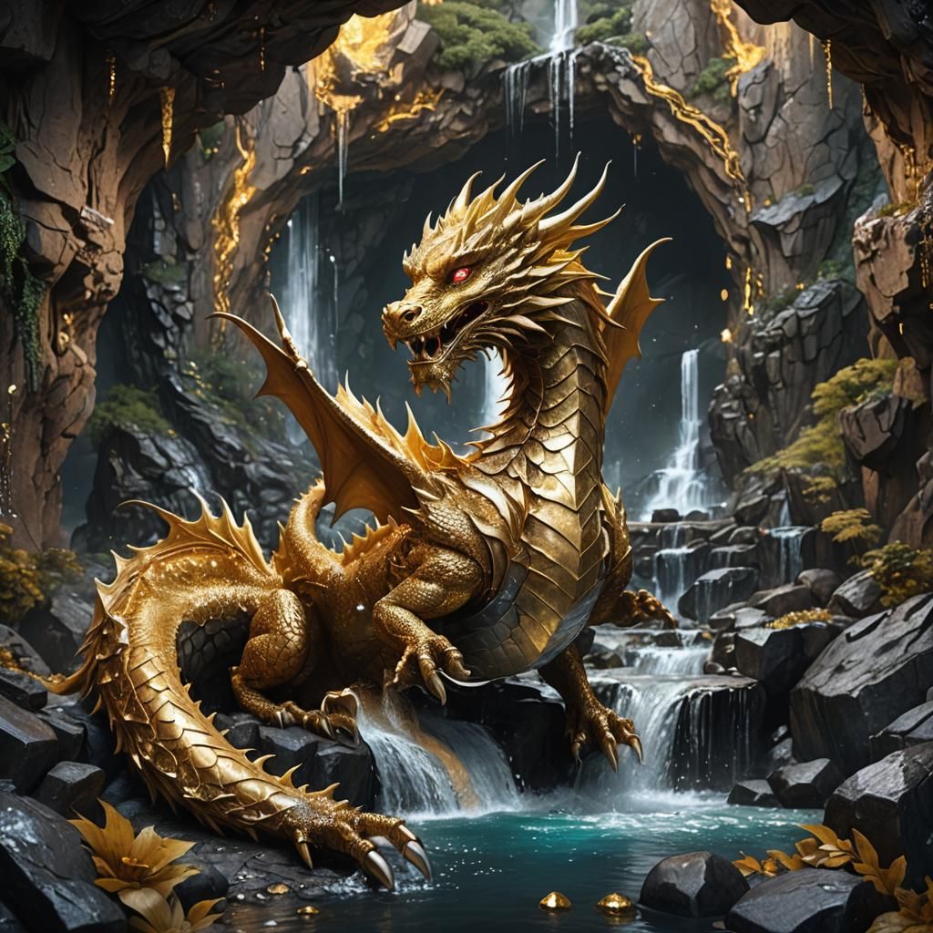 Golden Dragon in Diamond Cave: Fantasy Concept Art