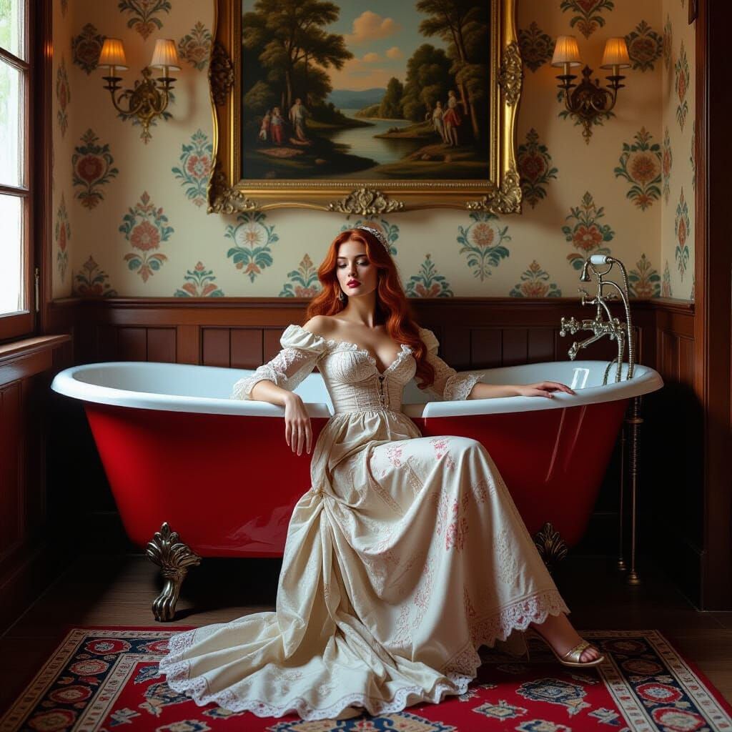 Woman in Antique Tub in Castle Room
