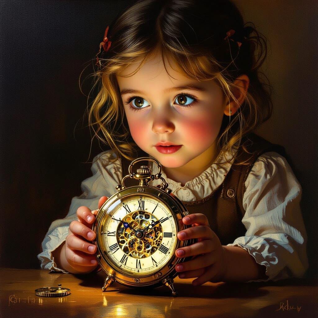 Girl Amazed by Intricate Clockwork Watch in Oil Painting Sty...