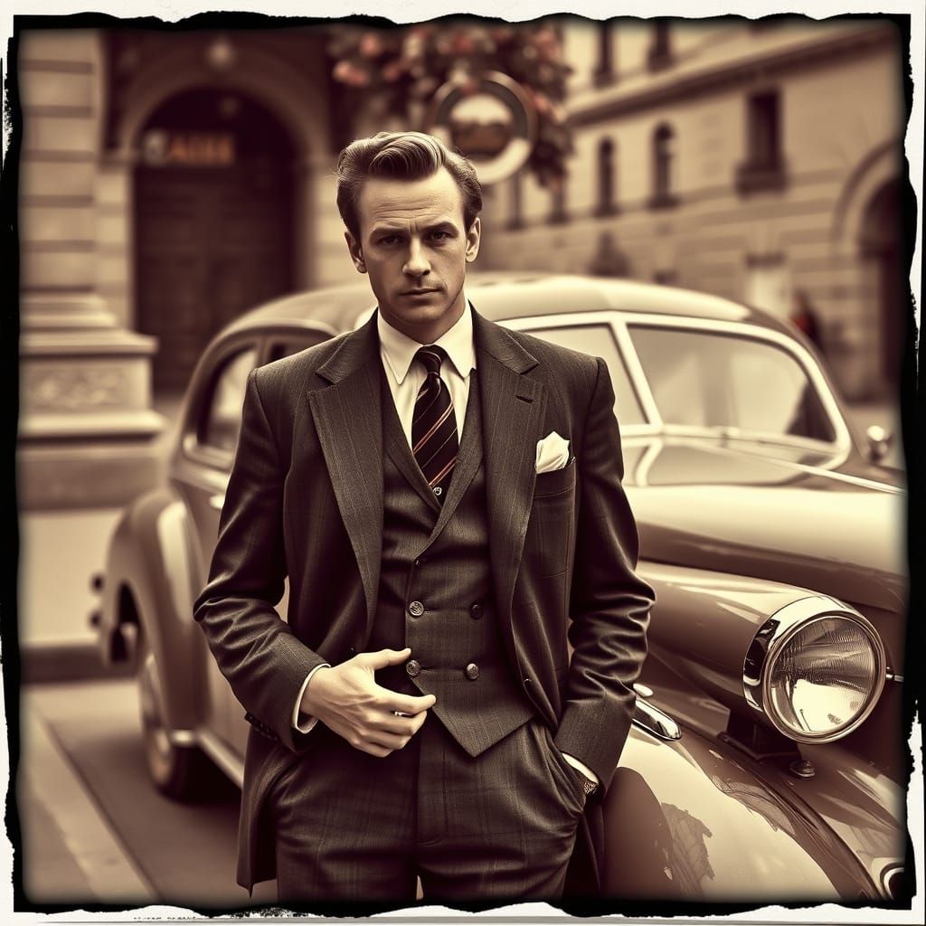 1950s Man in Smart Suit with Vintage Car