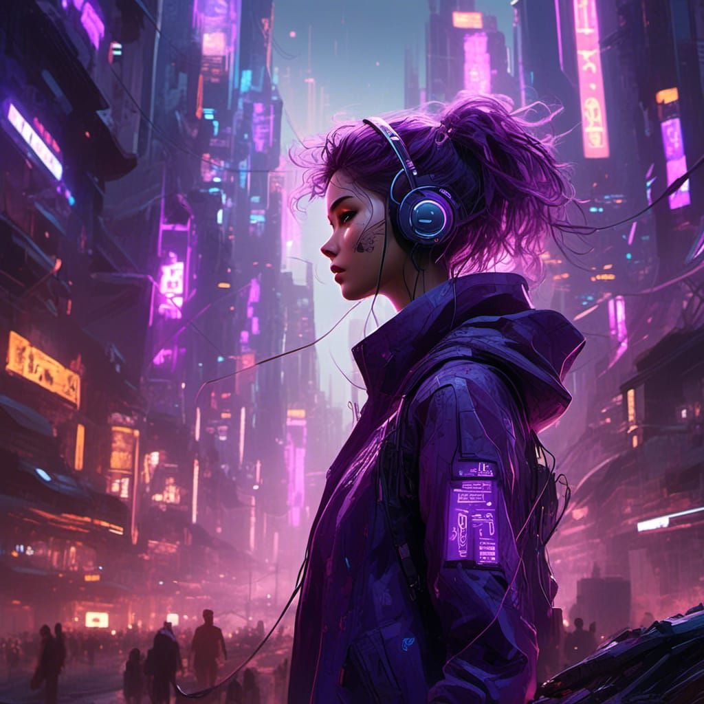 Anime Girl in Cyberpunk Cityscape with Purple Jacket