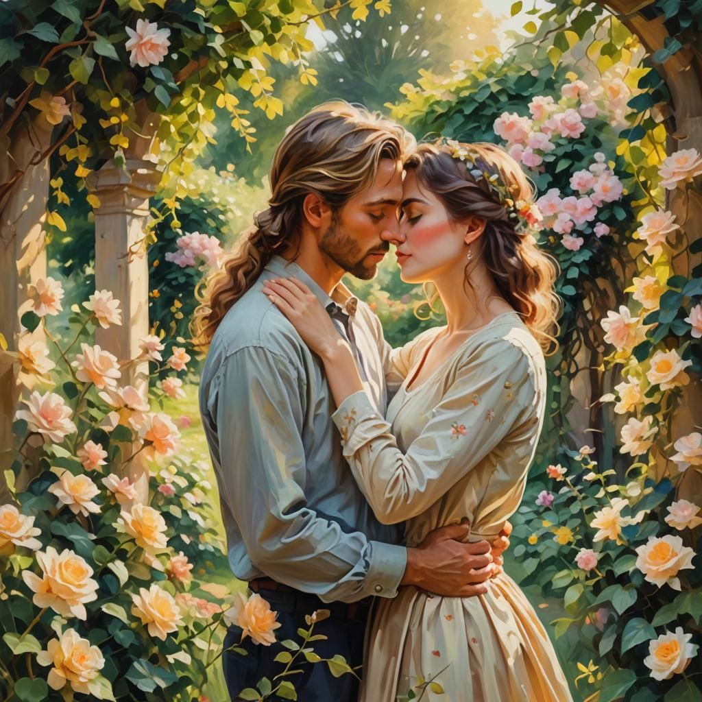 Romantic Couple Kissing in Garden: Impressionist Oil Paintin...