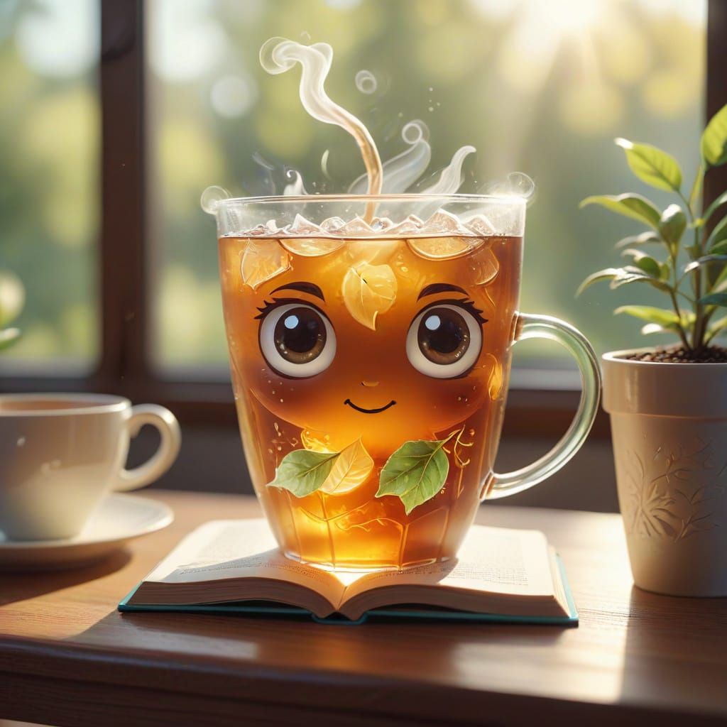 Chibi Iced Tea Reads a Book in a Cozy Whimsical Scene
