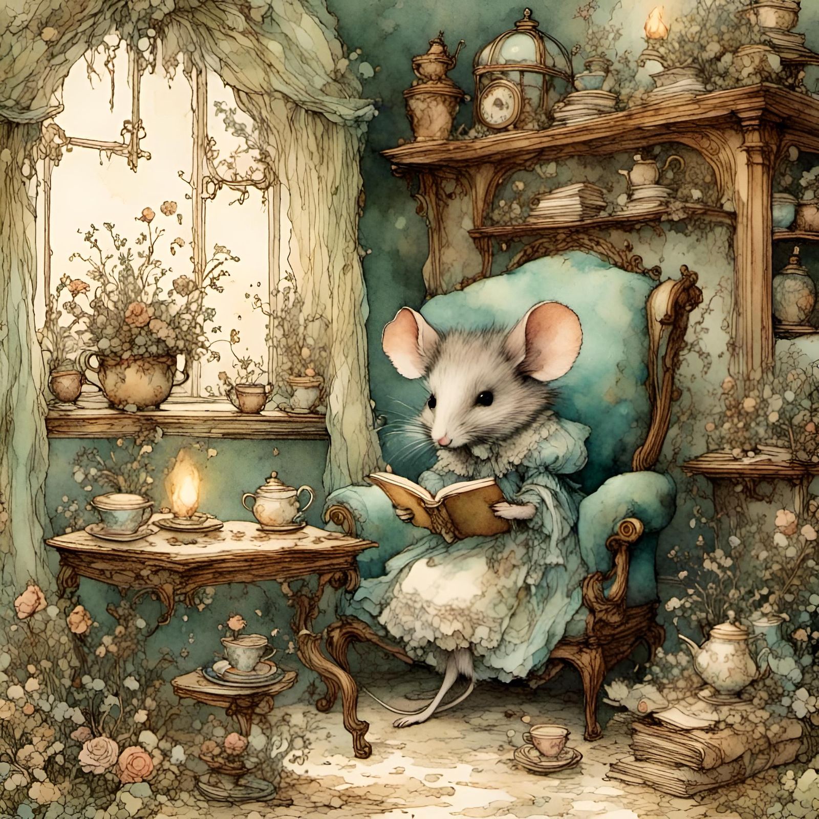 Cozy Mouse Home in Victorian Watercolor Style