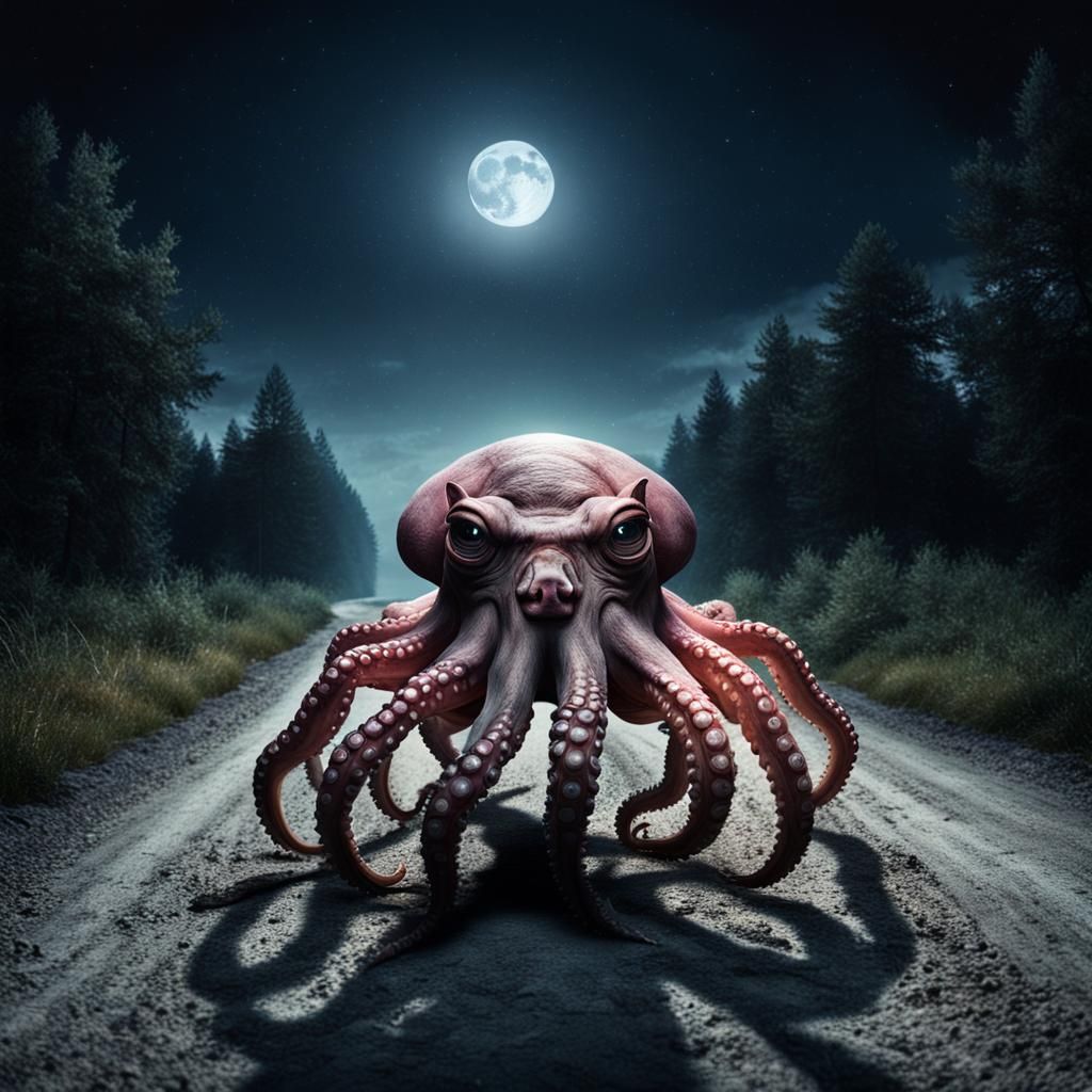 Surreal Hybrid Creature Walks on Moonlit Road